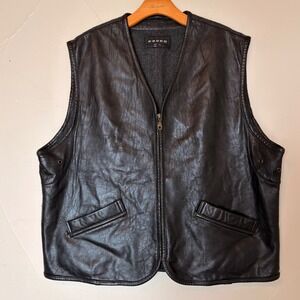 PSUDO Vintage Mens Black Leather Wool Blend Vest Zip Up Motorcycle Biker Suit XL